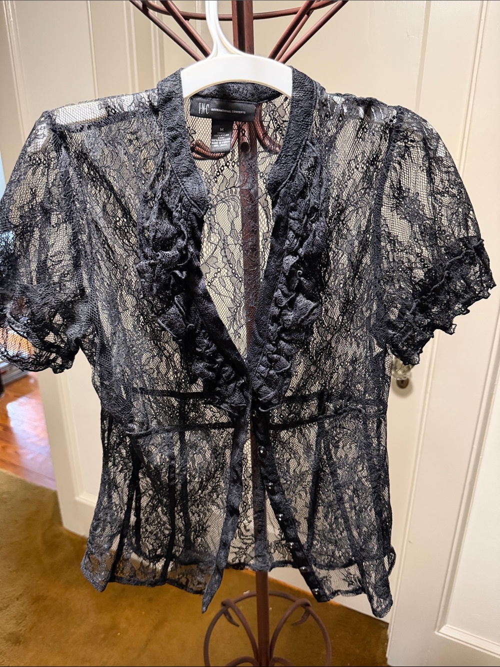 INC International Concepts Black Lace Sheer Button Blouse